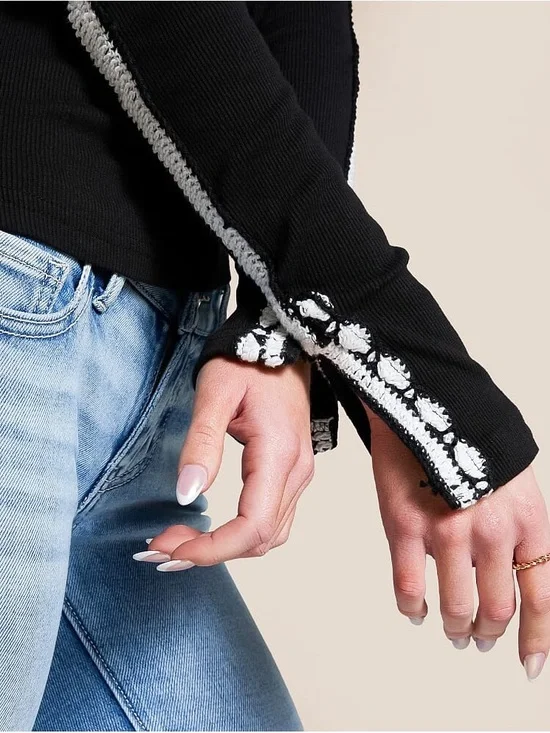 Free People Lost Love Black Embroidered Long Sleeve Top Boho Western S NWT - Picture 3 of 6